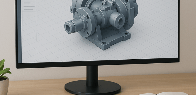 Professional workstation showing a mechanical assembly model for a SOLIDWORKS training course.