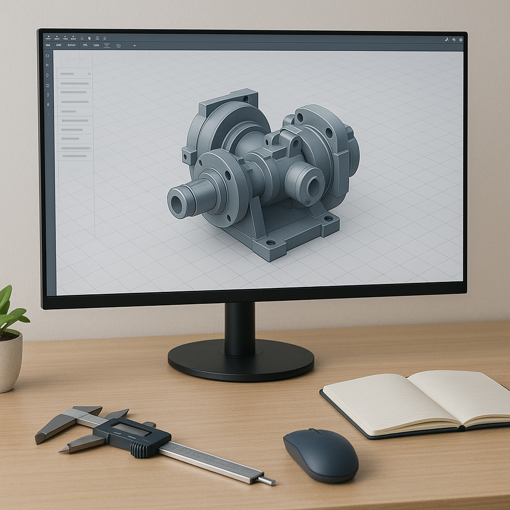 Professional workstation showing a mechanical assembly model for a SOLIDWORKS training course.