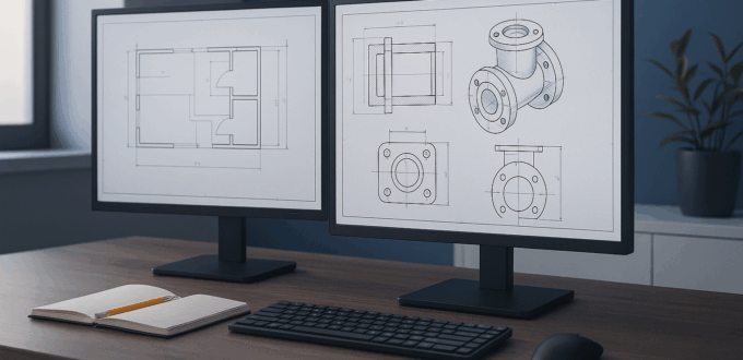 Professional workstation with CAD drawings on dual monitors for AutoCAD training.