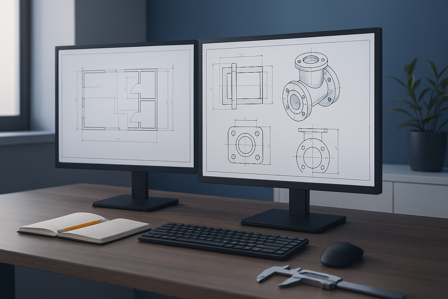 Professional workstation with CAD drawings on dual monitors for AutoCAD training.