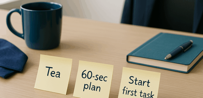 Series of sticky notes showing a habit stack: anchor → small action → first task.