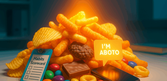 Overstimulating pile of snack foods glowing under surreal lighting to represent dopamine manipulation.