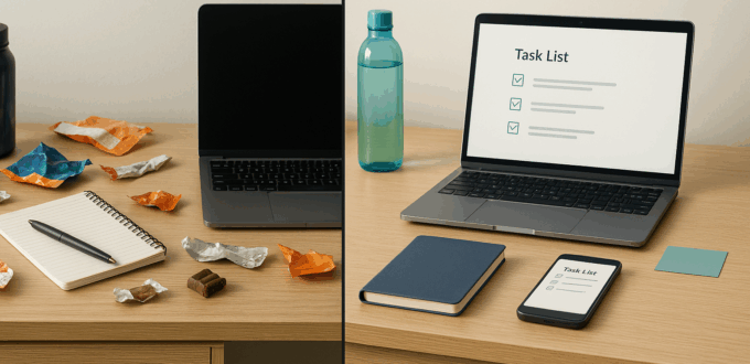 Before/after desk layout showing how environment makes the better choice the easy choice.