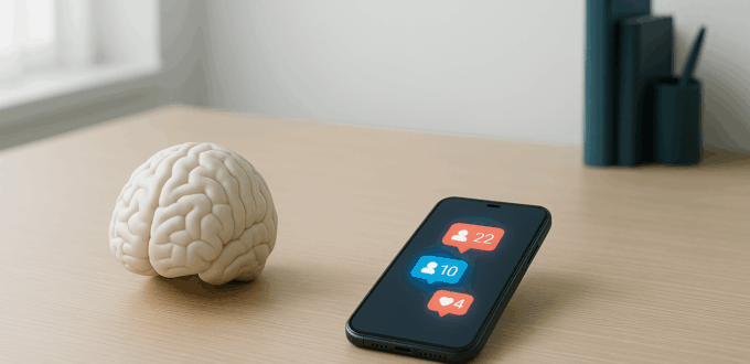 Conceptual desk showing brain and smartphone side by side, symbolizing dopamine-driven distraction vs. focus.