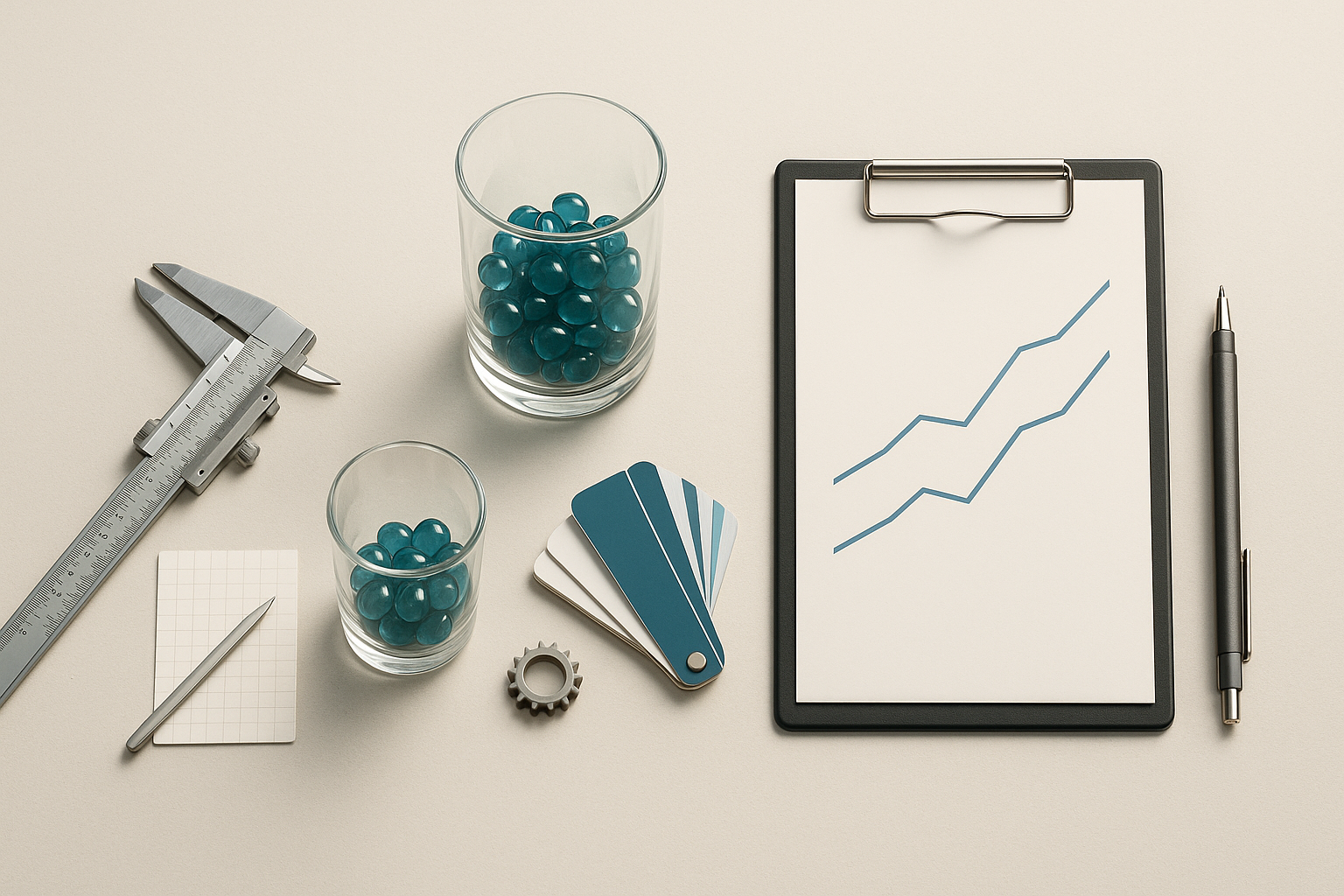Flat-lay with callipers, grid card, teal data pebbles, and blue trend lines—clean Six Sigma quality vibe.