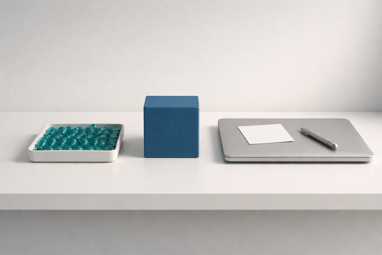Minimal AI stack—data tokens, model cube, and a closed laptop representing AI apps.