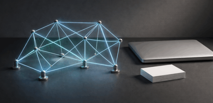 Futuristic neural network sculpture beside a closed laptop representing AI learning hub.