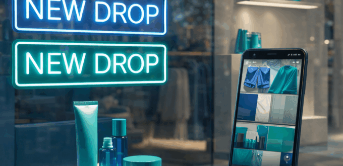 Fashion display and phone screen showing dopamine-triggering visuals in shopping environments.