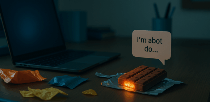 Desk cluttered with snacks symbolizing distraction, dopamine crash, and hijacked productivity.
