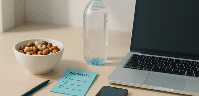 Minimalist desk with healthy snacks and productivity cues—representing food clarity and dopamine discipline.