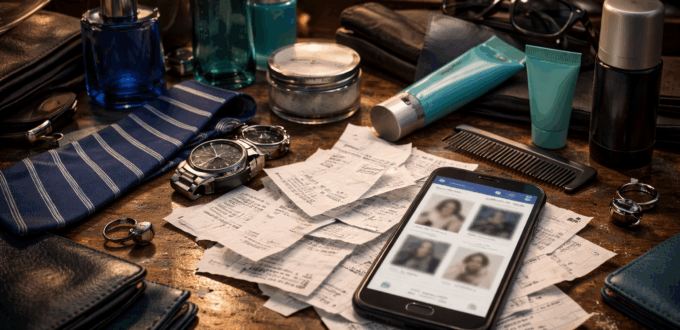 Mixed grooming items and receipts beside a phone feed, symbolizing the hidden cost of appearance obsession.