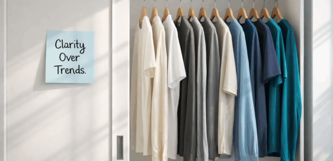 Minimal wardrobe with clarity-focused clothes and a motivational note, symbolizing dopamine-smart style habits.
