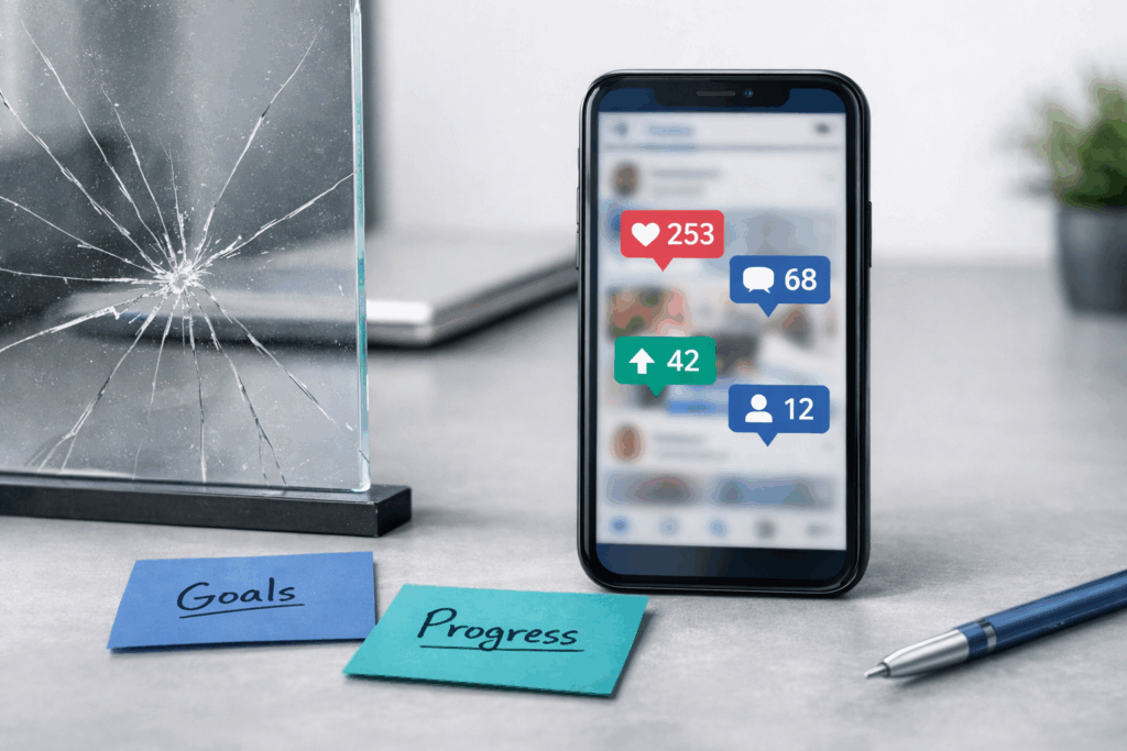 Smartphone feed beside a cracked reflection panel, symbolizing social comparison anxiety and fragile self-worth.