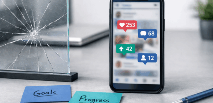 Smartphone feed beside a cracked reflection panel, symbolizing social comparison anxiety and fragile self-worth.