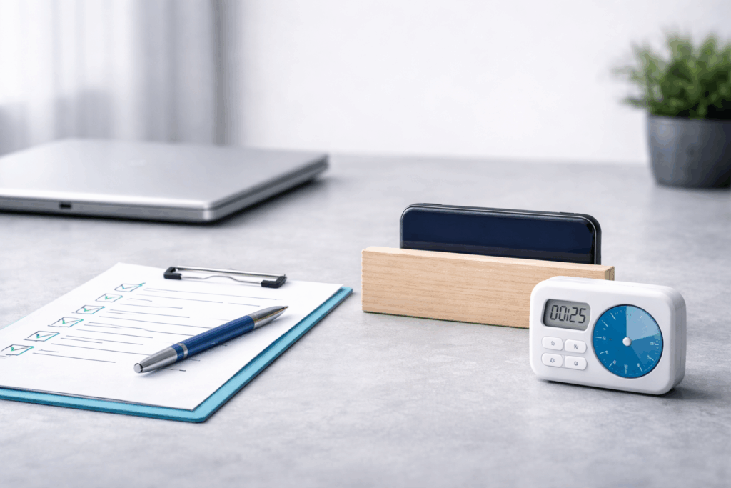 Minimal desk setup with phone placed away, symbolizing protected focus and a dopamine-safe digital routine.