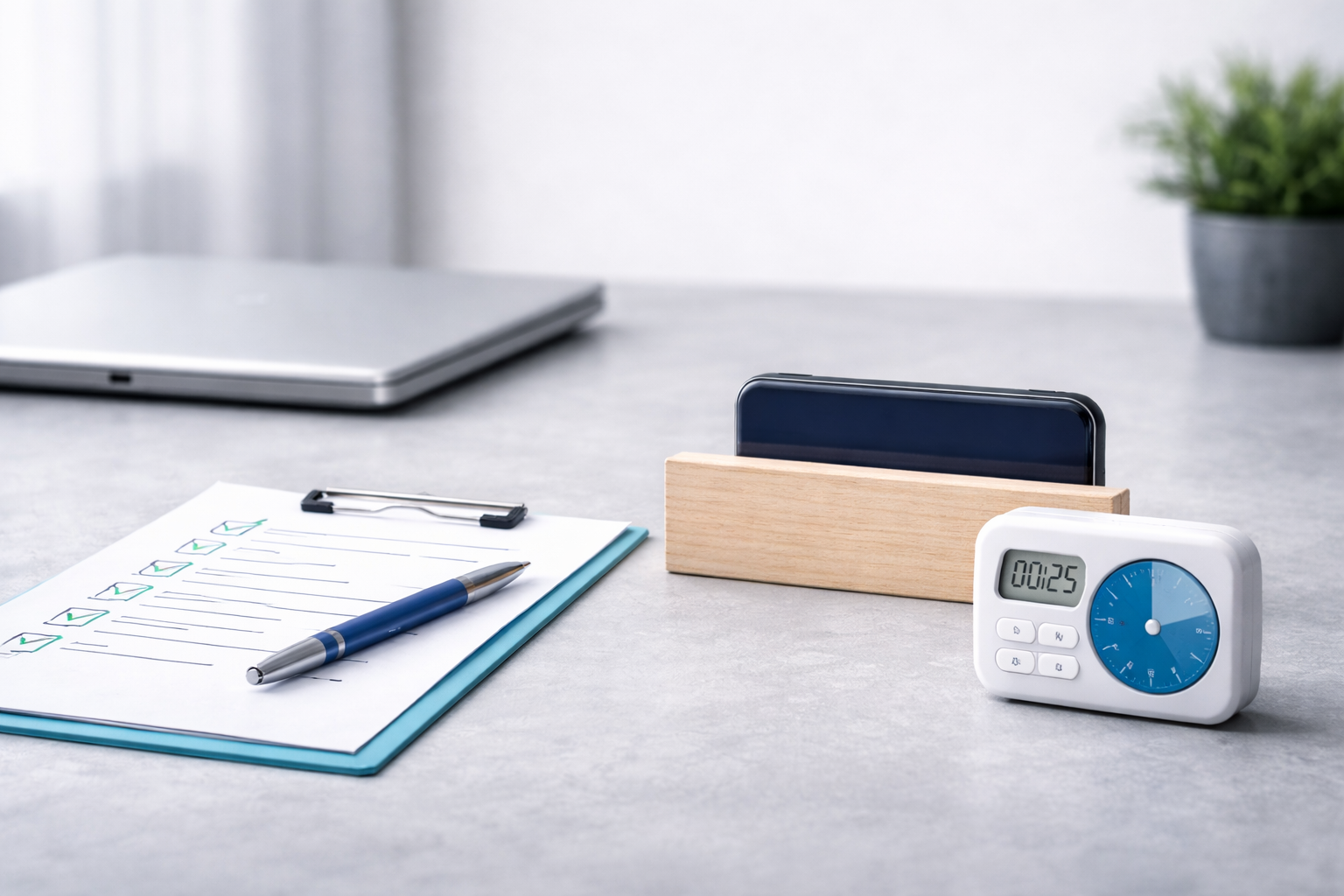 Minimal desk setup with phone placed away, symbolizing protected focus and a dopamine-safe digital routine.