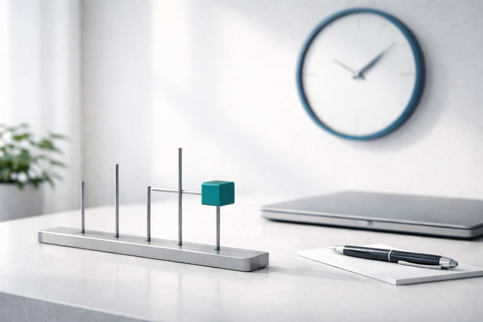 Minimal timeline sculpture and clock accent representing time management and productivity.