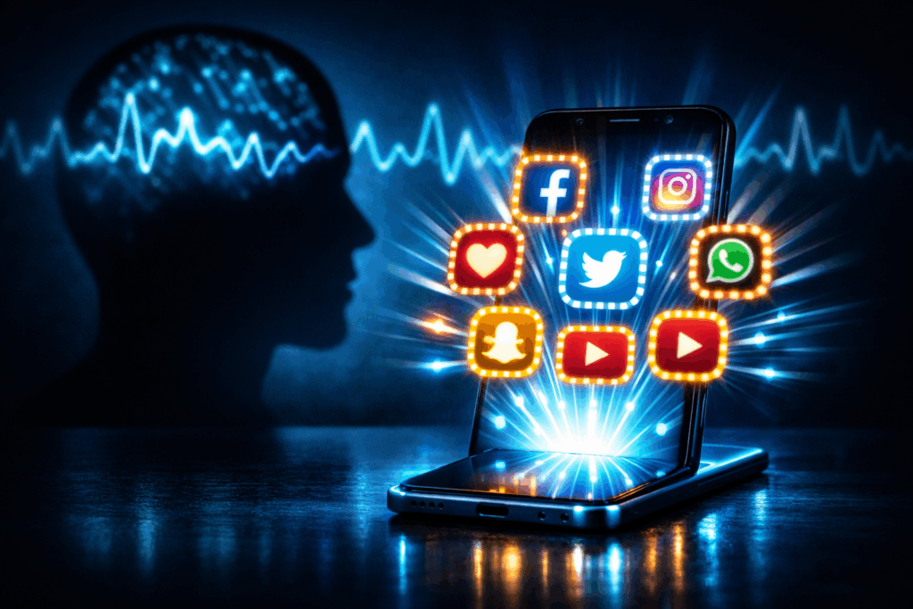 Visual metaphor of social media overstimulation hijacking dopamine circuits in the brain.
