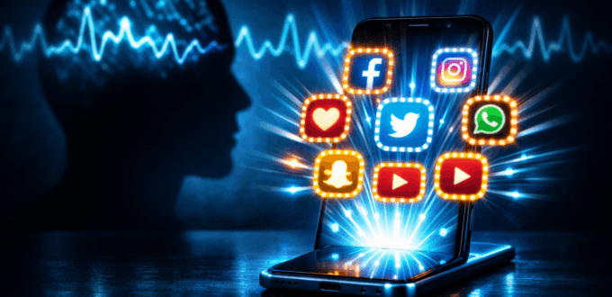 Visual metaphor of social media overstimulation hijacking dopamine circuits in the brain.