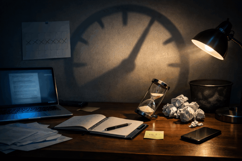 Study desk with timer and calendar, symbolizing procrastination pressure and rebuilding calm study routines.