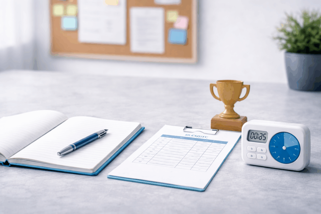 Study desk with report card and timer, symbolizing education pressure and mastery-focused learning.