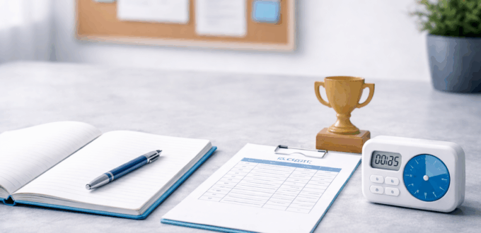 Study desk with report card and timer, symbolizing education pressure and mastery-focused learning.