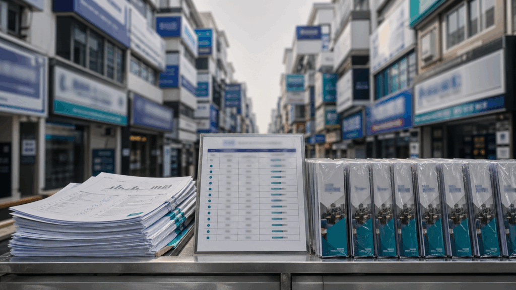 Overcrowded tuition and exam-prep institute street scene with exam papers and study materials, symbolizing the commercialization of education and marks-driven pressure.
