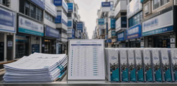 Overcrowded tuition and exam-prep institute street scene with exam papers and study materials, symbolizing the commercialization of education and marks-driven pressure.